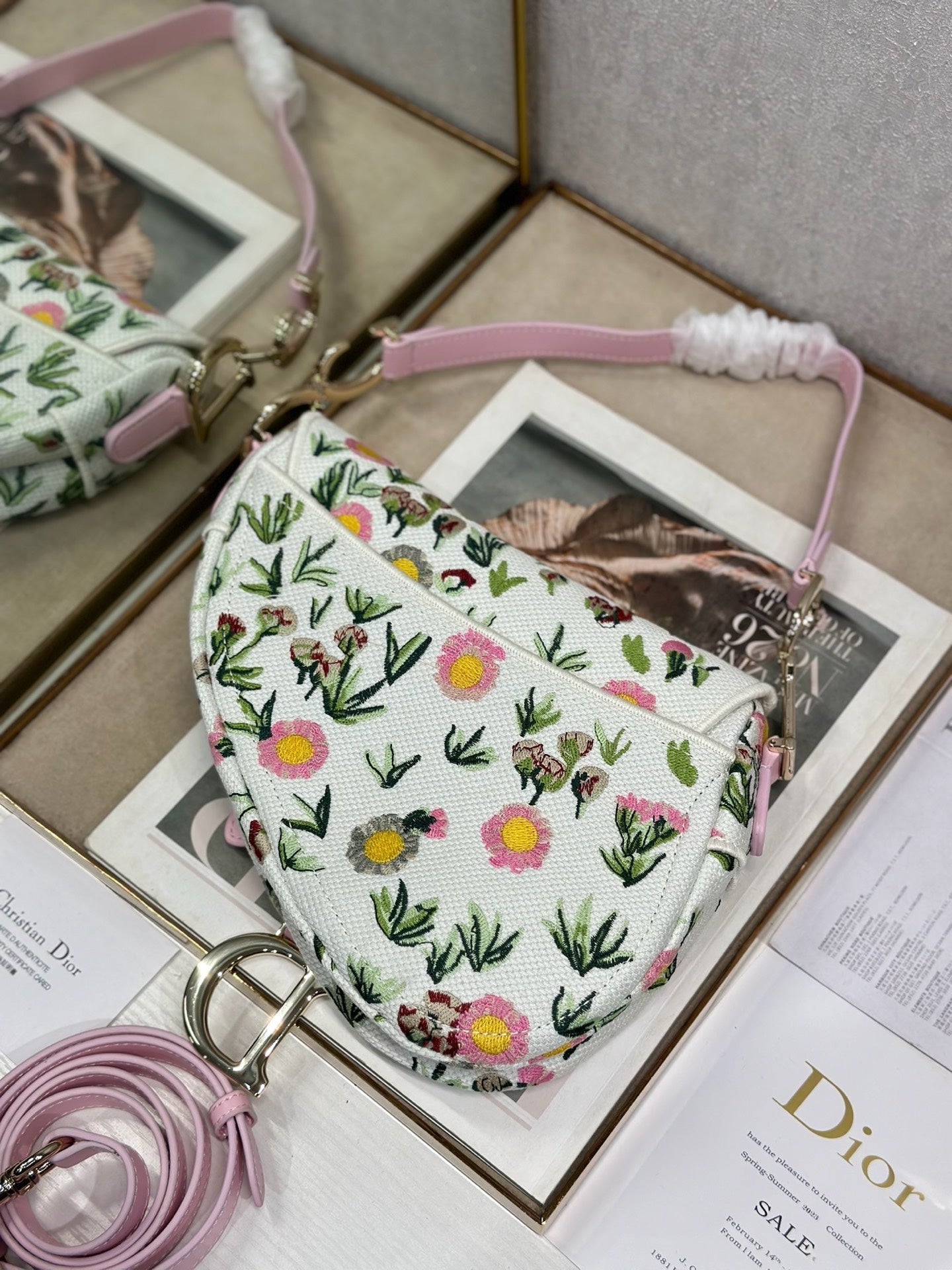 CD Saddle Bag 25.5cm White Floral in Denim 288054