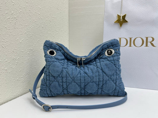 CD Small Cannage Quilted Tote Bag Blue Cowhide 158107
