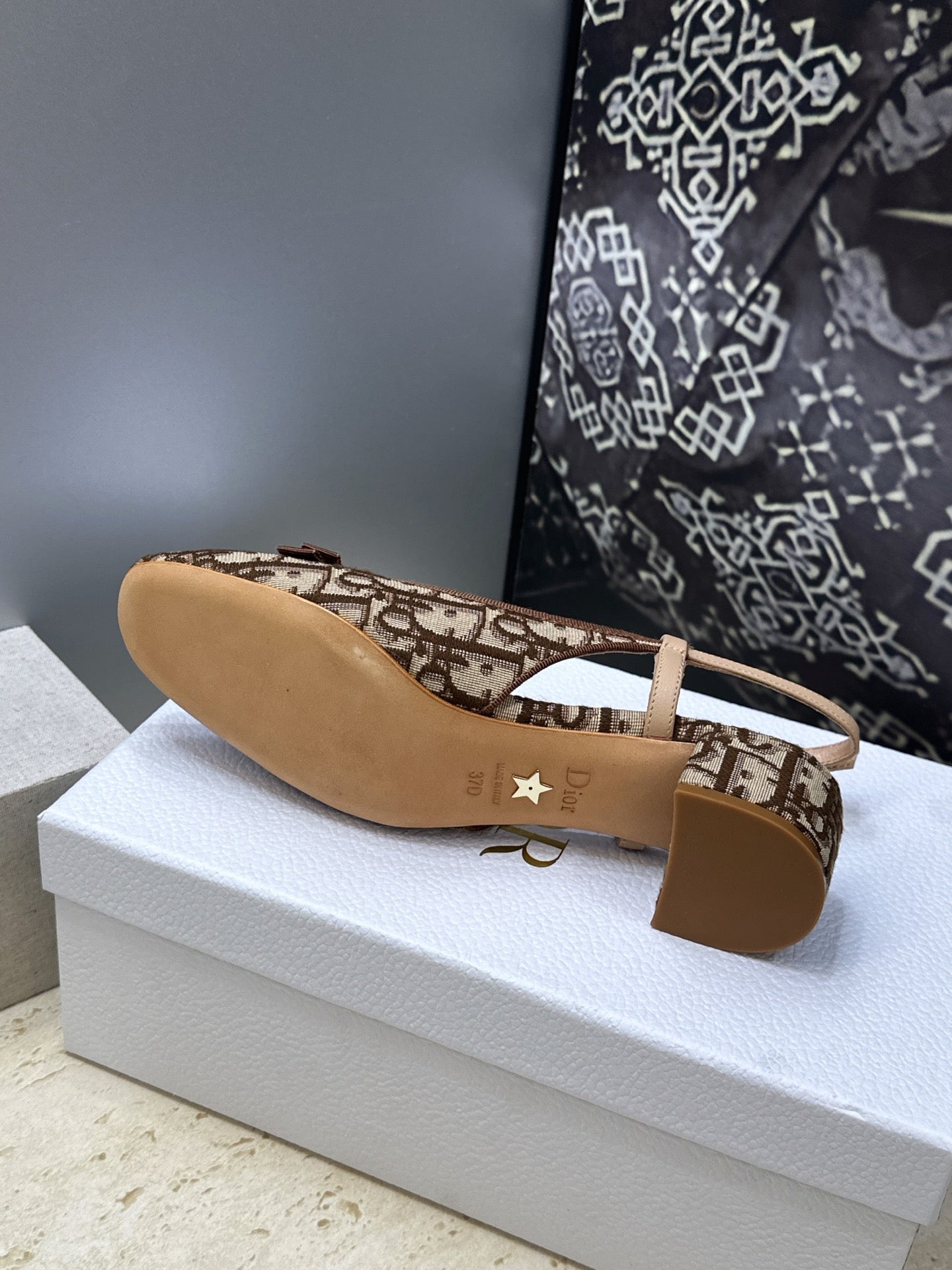 CD Oblique Bow Pearl Slingback Pumps 3.5CM Brown Embroidered Cotton 933312