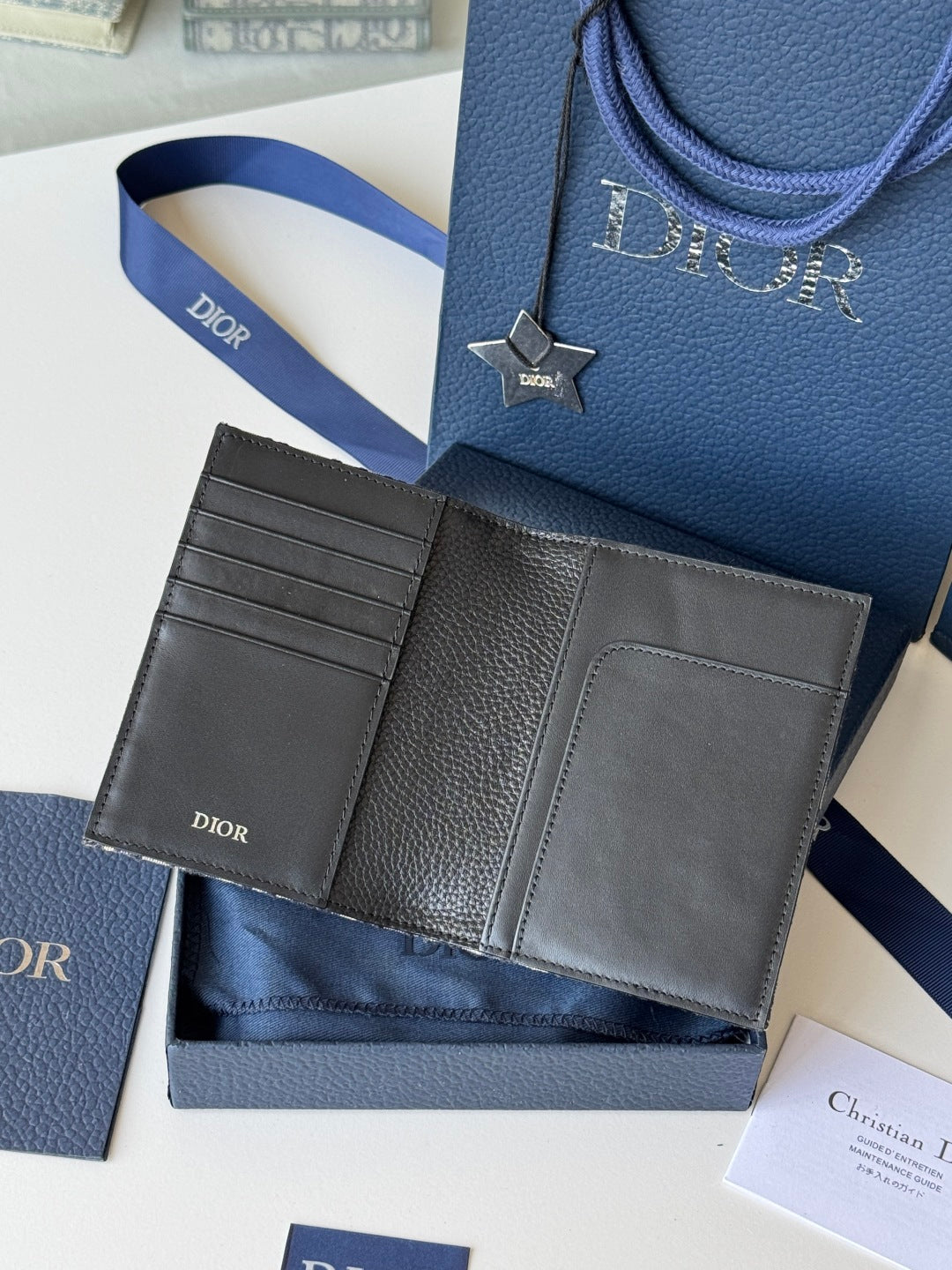 CD Oblique Passport Holder Black Beige Jacquard Cowhide
