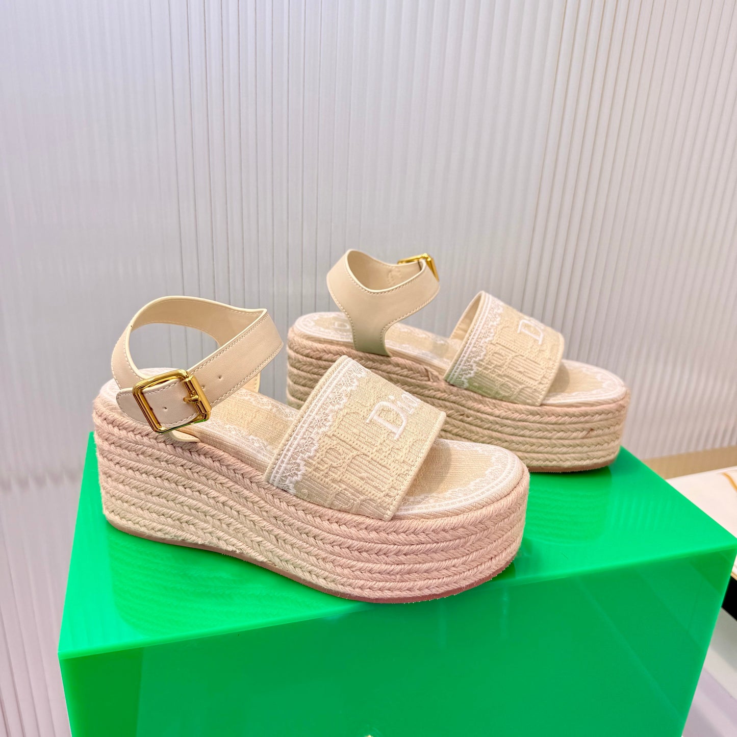 CD Dentelle Wedge Sandals Light Beige Cotton 832470