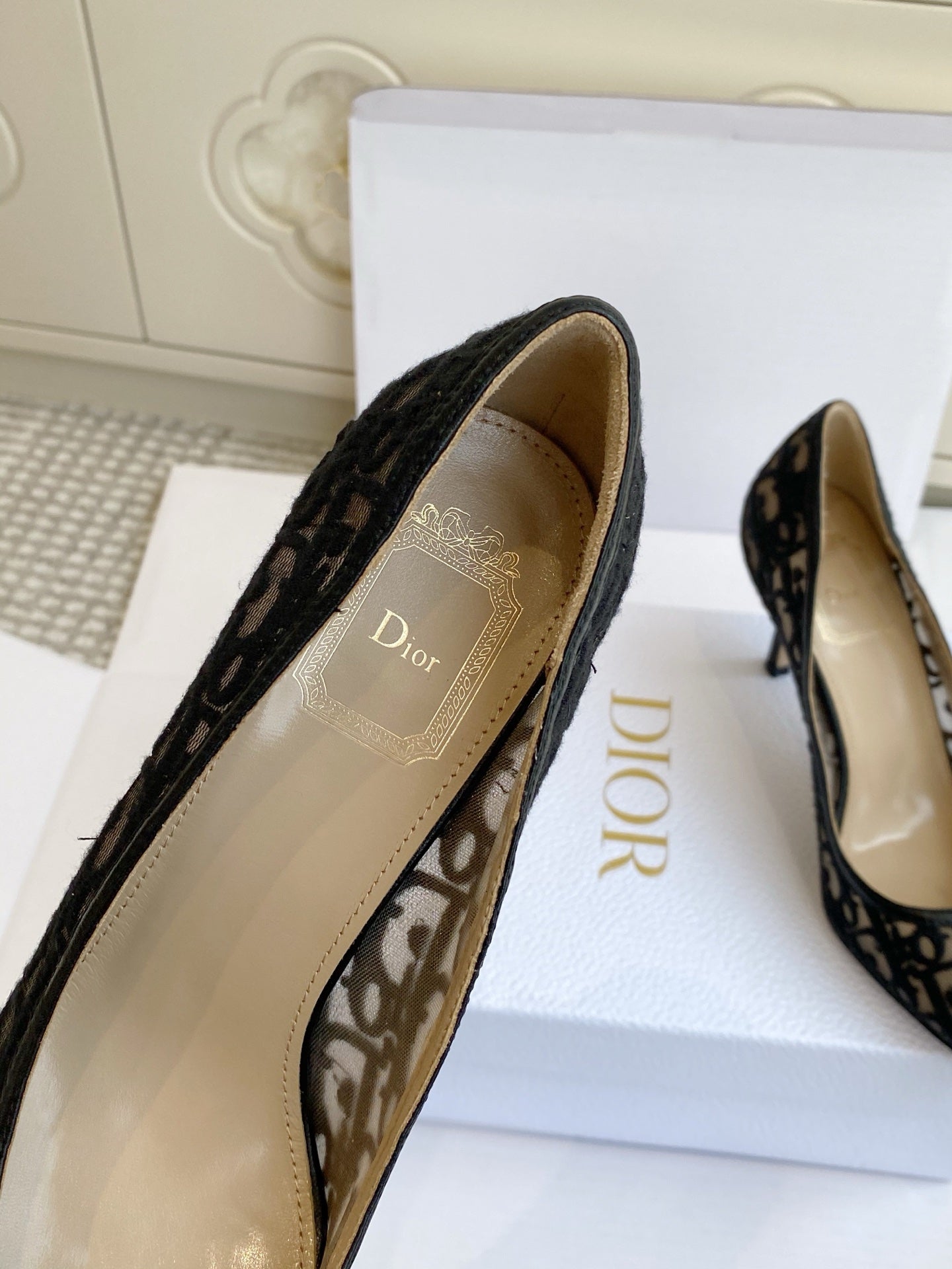 CD 26s Adioable Pump 8cm Monogram Black Beige Mesh Lambskin 909642