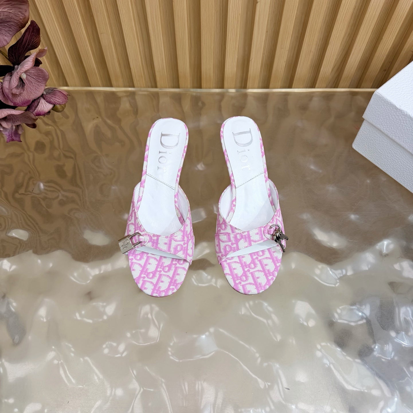 CD Half-Length Mule Heels White Pink Denim Leather 884811