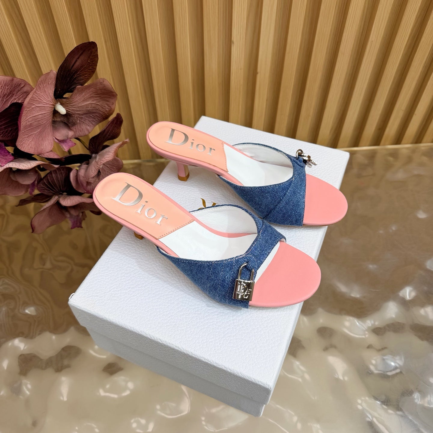 CD Half-Length Mule Heels Blue Pink Denim Leather 884812