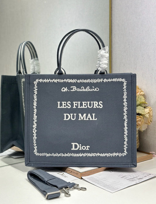 CD Les Fleurs du Mal Book Tote Grey Canvas