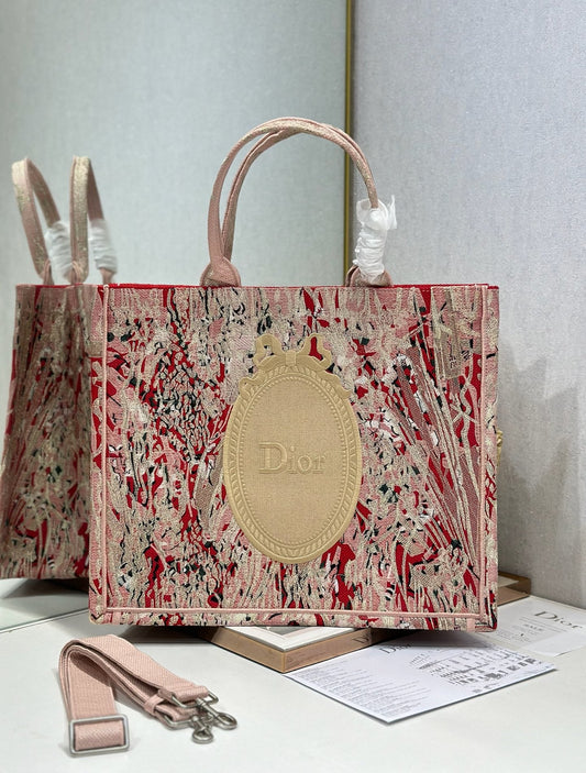 Dior 2026 Book Tote Bag Pink Red Embroidery Canvas 289527