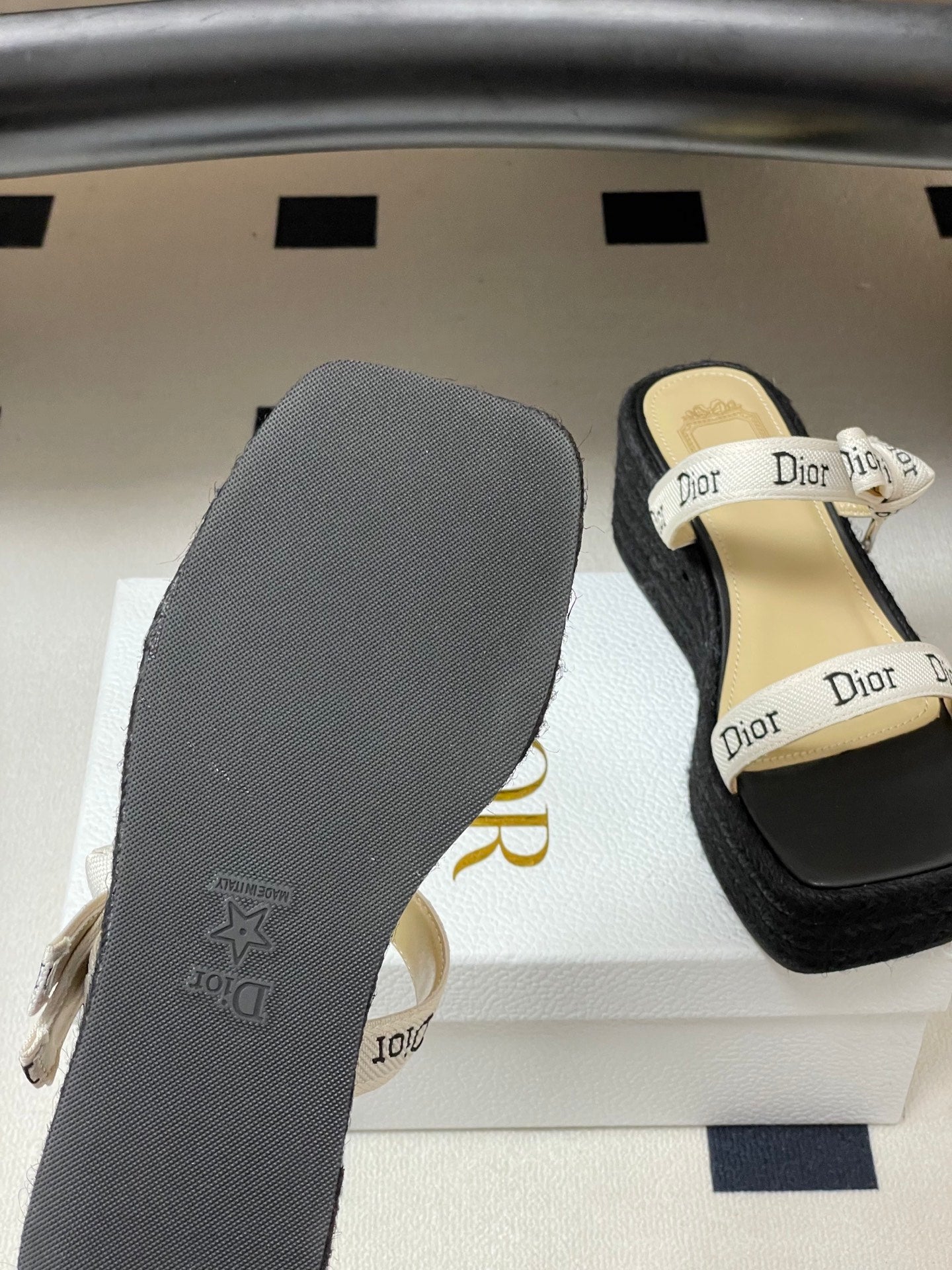 CD J'Adior Wedge Slide Straps Black Beige Leather 834938