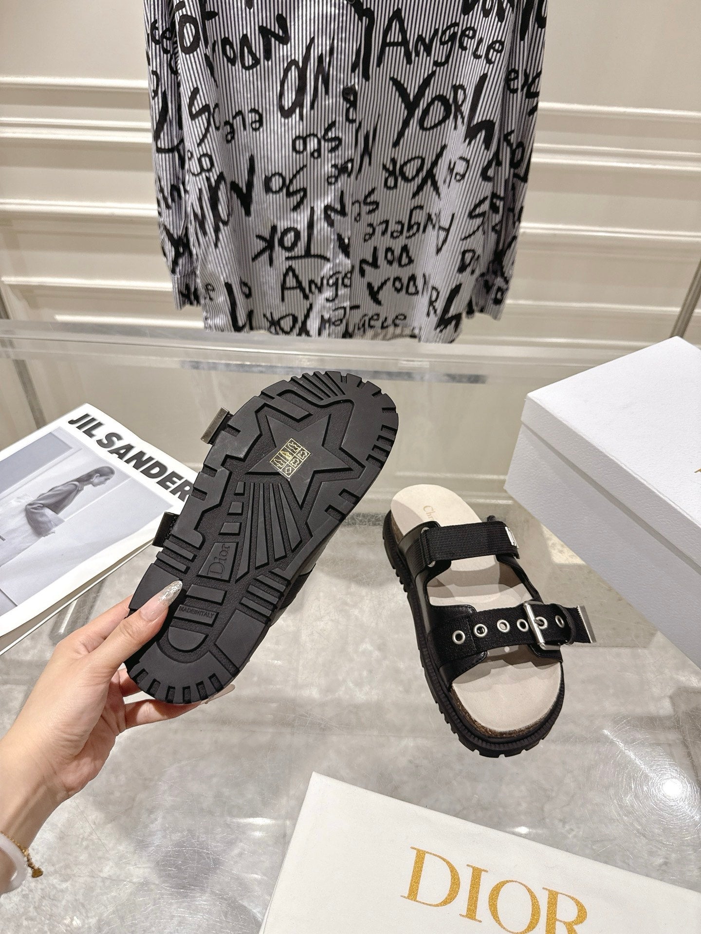 CD 26s Double-Strap Slide Sandals Black Calfskin 919011
