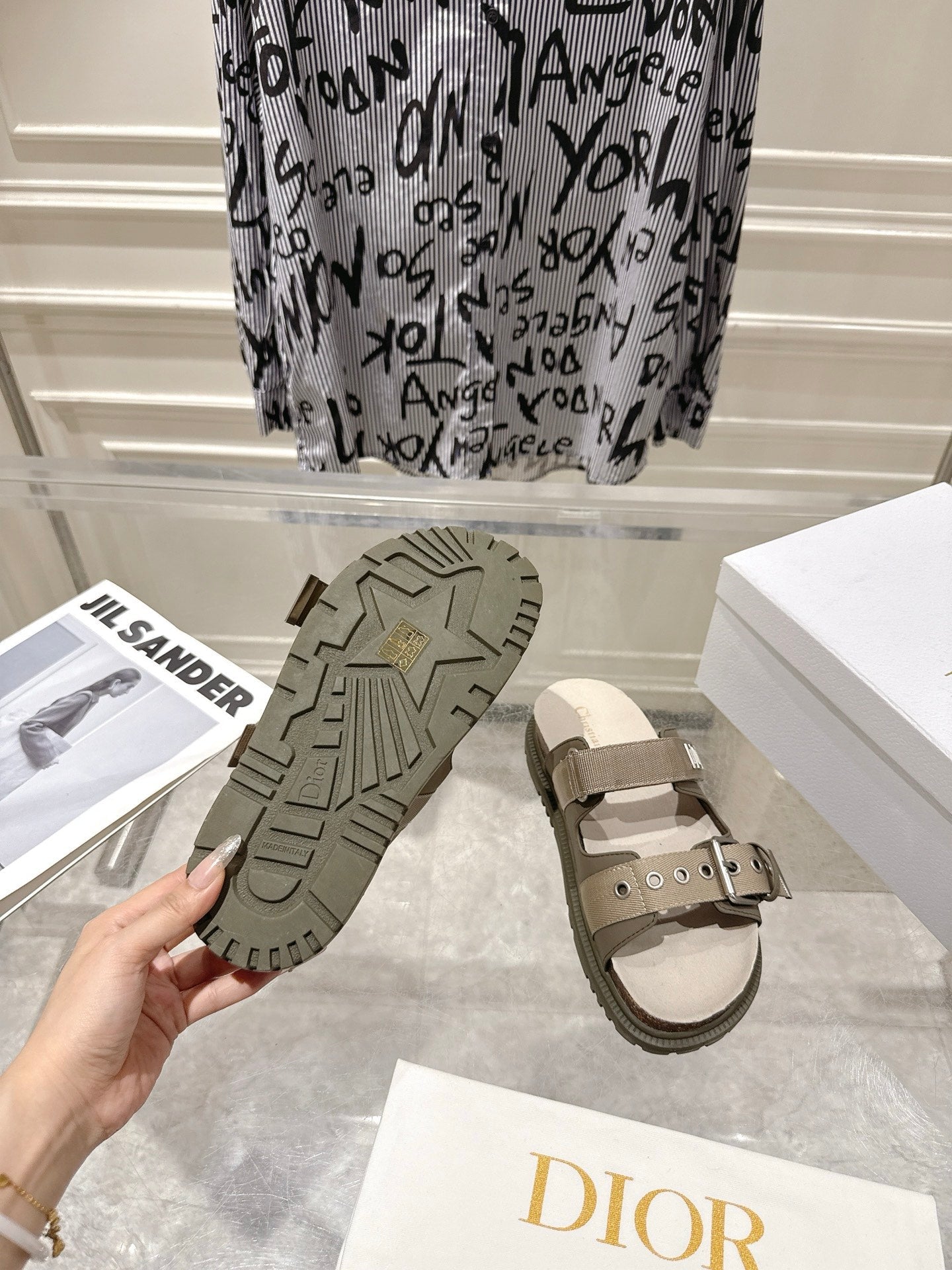 CD 26s Double-Strap Slide Sandals Olive Calfskin 919012