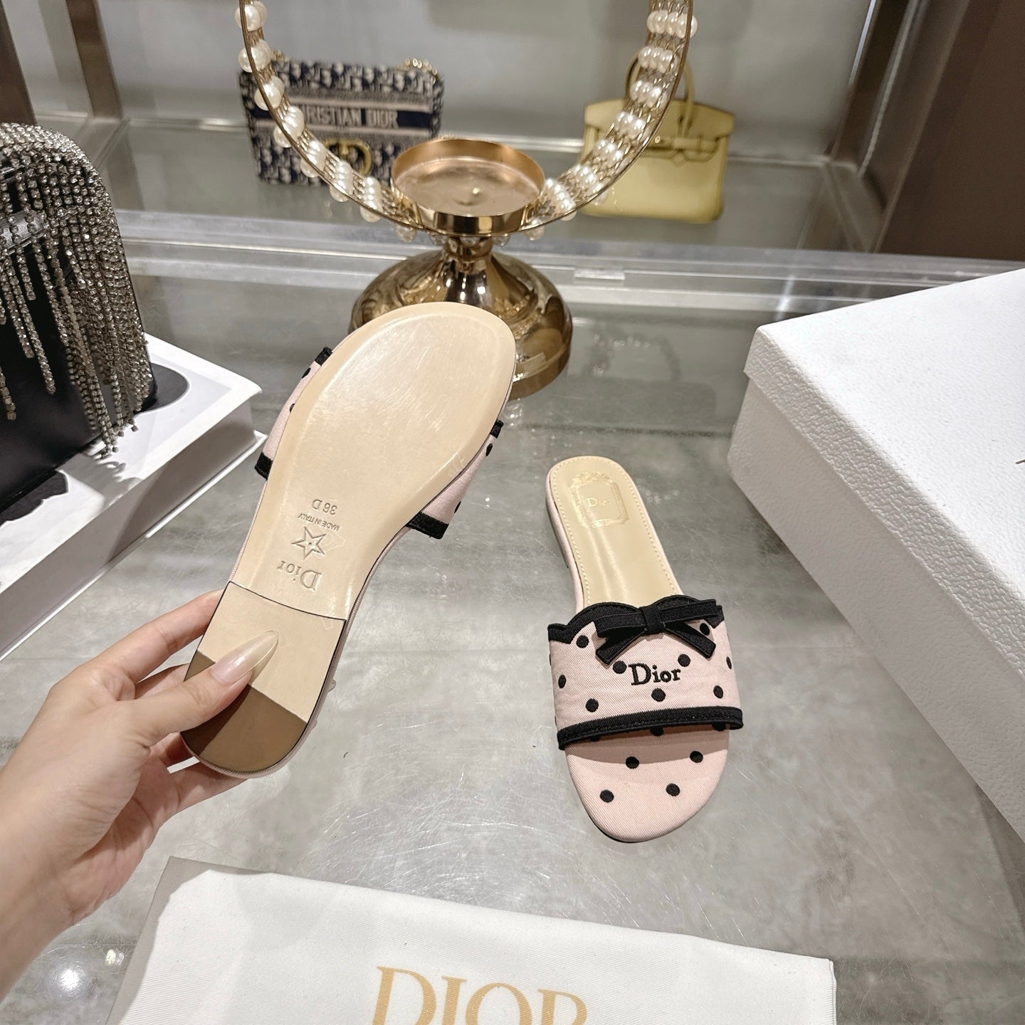 CD Dway Flat Sandal PolkaDior Light Pink Motif Cotton Leather 951361