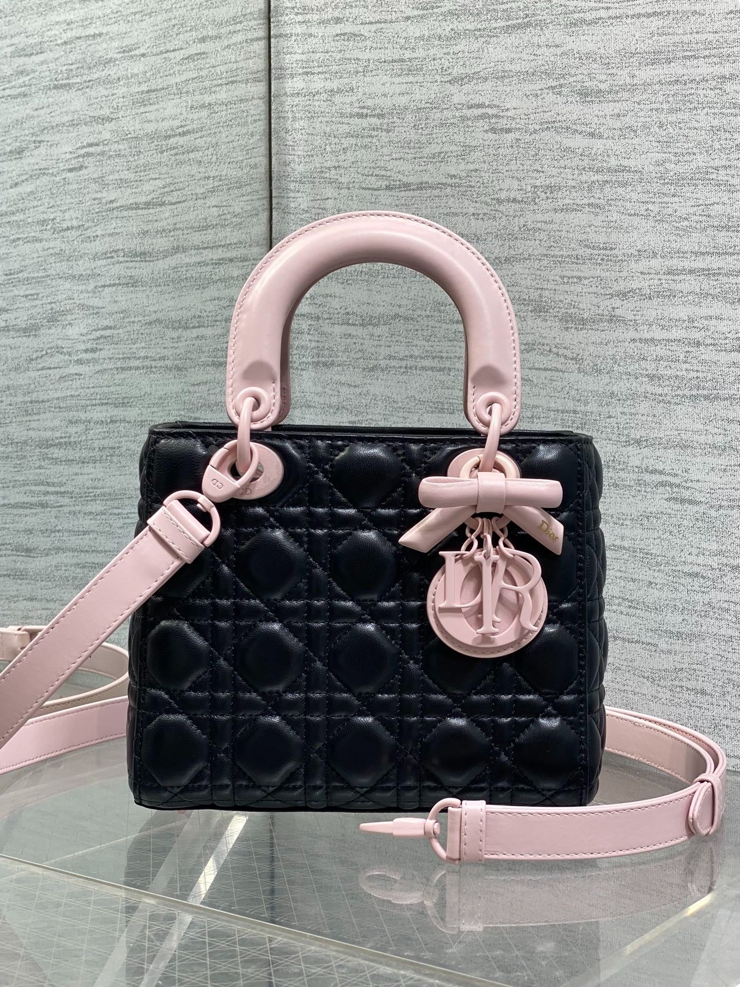 CD 2026 Bow Lady Dior 20cm Black Pink Cannage Lambskin 289164