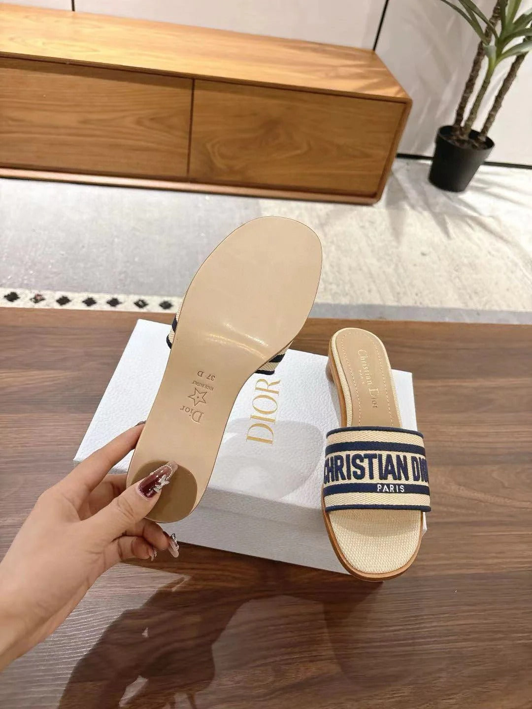 CD 26s Embroidered Sandals Beige Navy Blue Canvas Sheepskin 664321