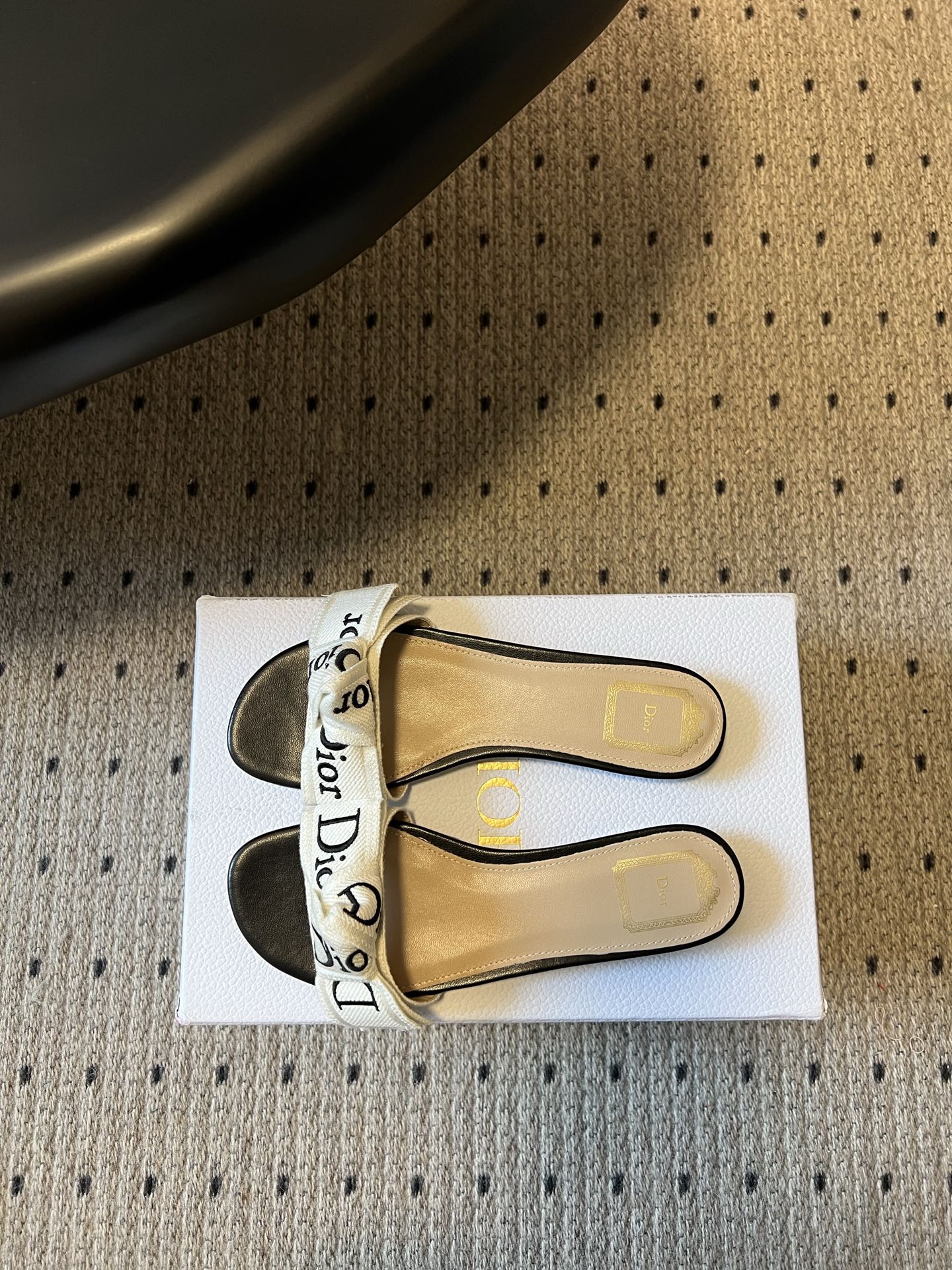 CD 26SS Letter Webbing Flat Sandals Black White in Fabric 789472