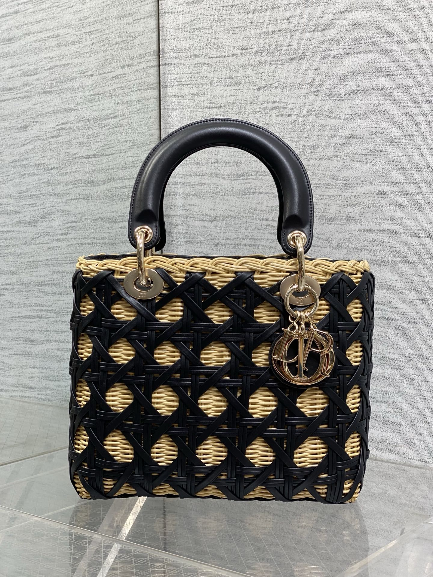 CD Lady Dior Bag 24cm Black in Rattan 155502