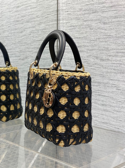 CD Lady Dior Bag 24cm Black in Rattan 155502
