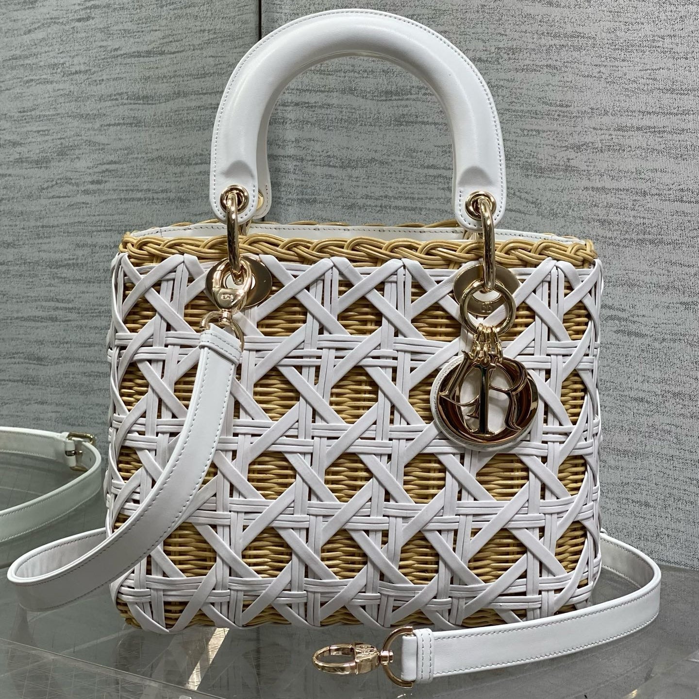 CD Lady Dior Bag 24cm White in Rattan 155504