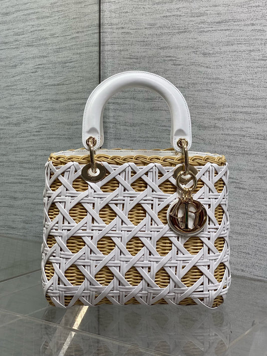 CD Lady Dior Bag 24cm White in Rattan 155504