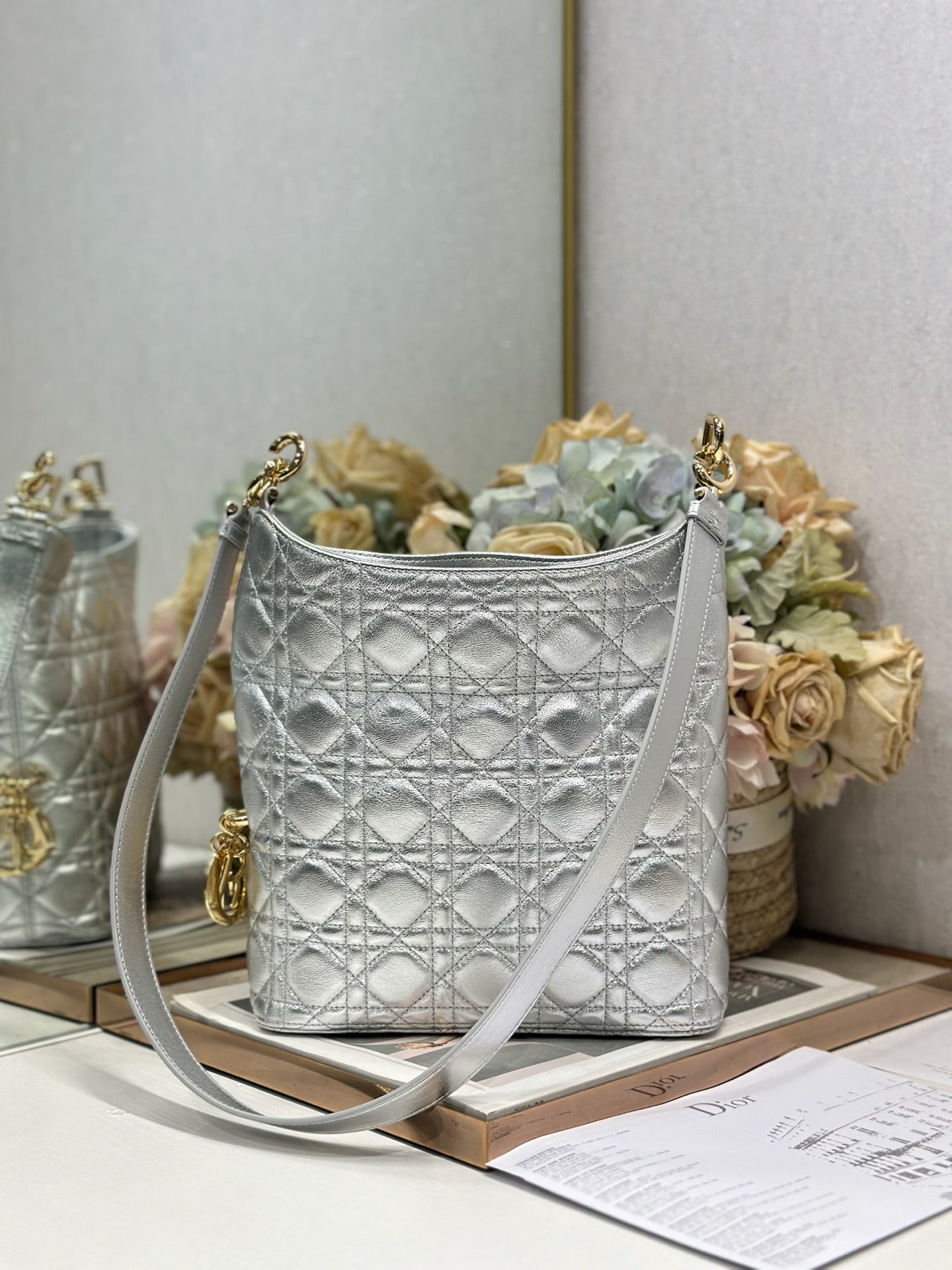 CD Lady Dior Shoulder Bag 27cm Silver Metallic in Sheepskin 155562