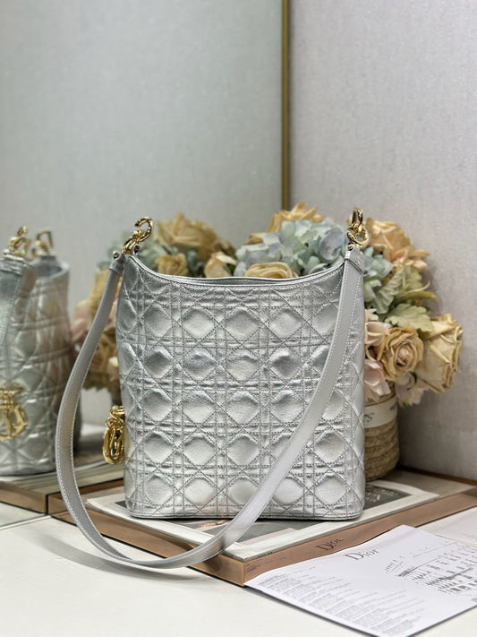 CD Lady Dior Shoulder Bag 27cm Silver Metallic in Sheepskin 155562