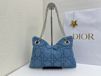 CD Small Cannage Quilted Tote Bag Blue Cowhide 158107