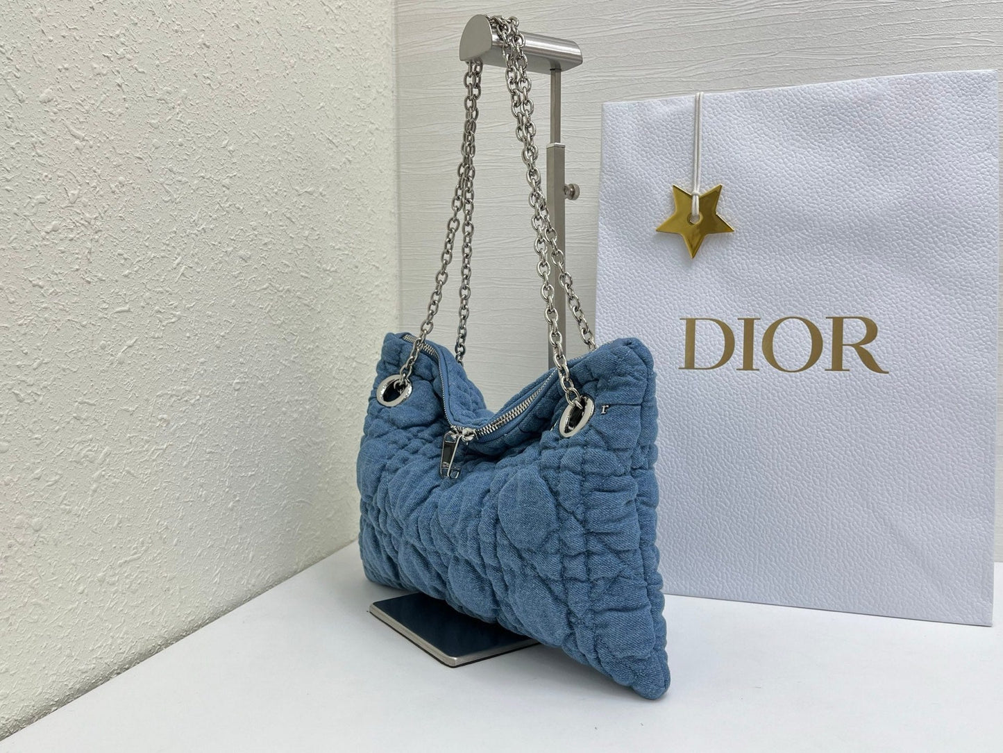 CD Small Cannage Quilted Tote Bag Blue Cowhide 158107