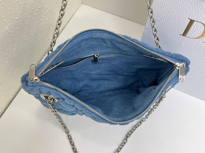 CD Small Cannage Quilted Tote Bag Blue Cowhide 158107