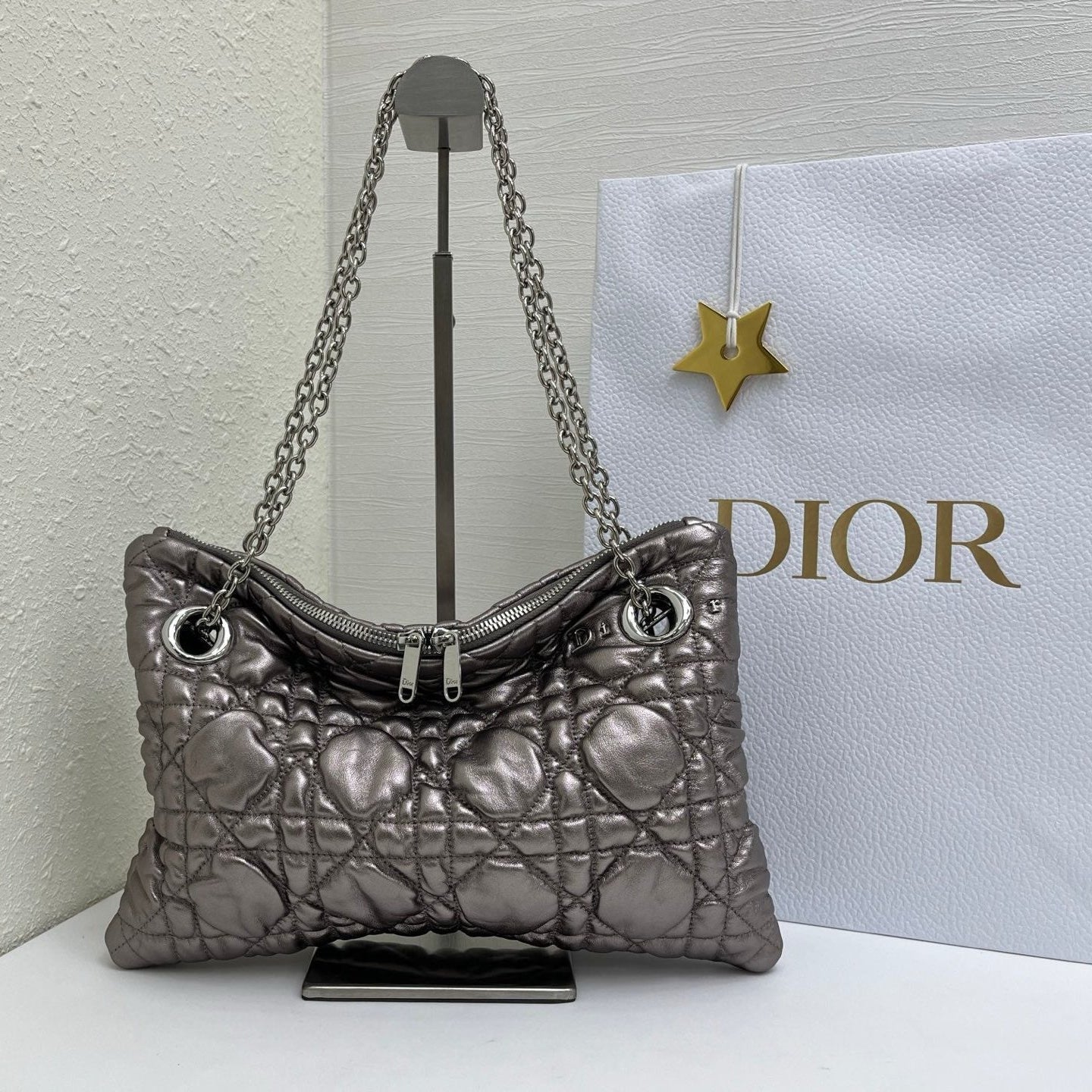 CD Small Cannage Quilted Tote Bag Silver Metallic Cowhide 158105