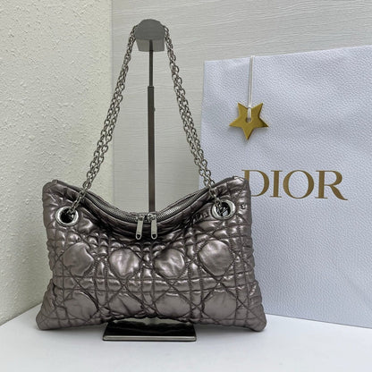 CD Small Cannage Quilted Tote Bag Silver Metallic Cowhide 158105
