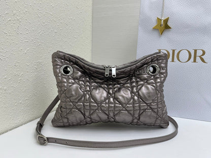 CD Small Cannage Quilted Tote Bag Silver Metallic Cowhide 158105
