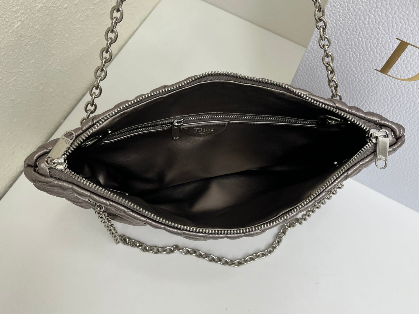 CD Small Cannage Quilted Tote Bag Silver Metallic Cowhide 158105