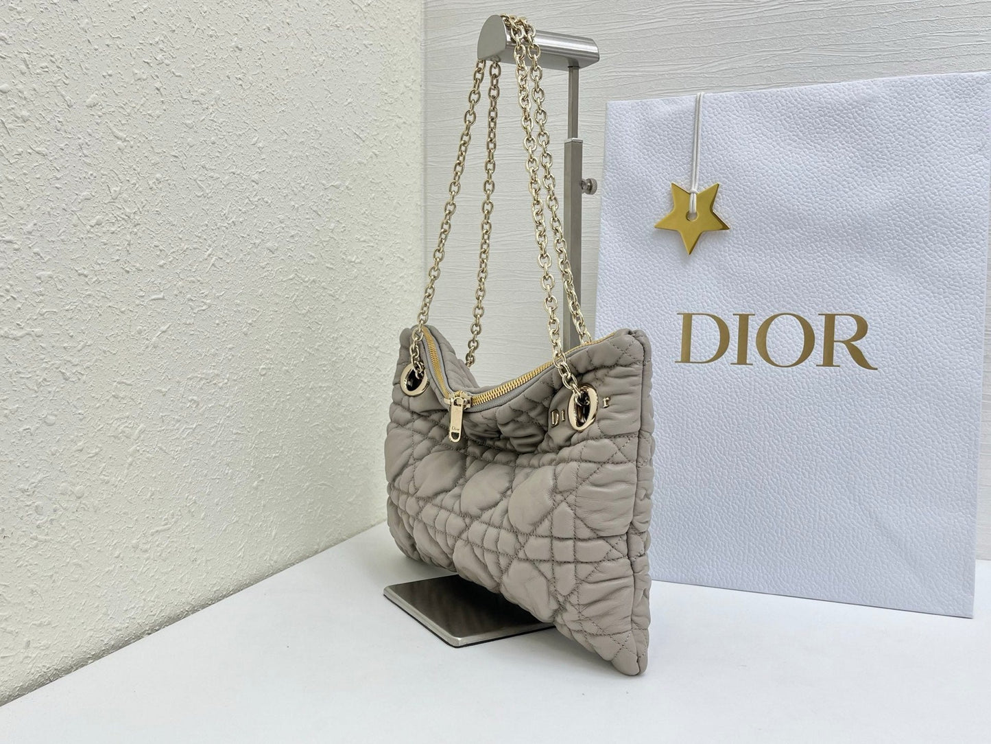 CD Small Cannage Quilted Tote Bag Light Taupe Cowhide 158104