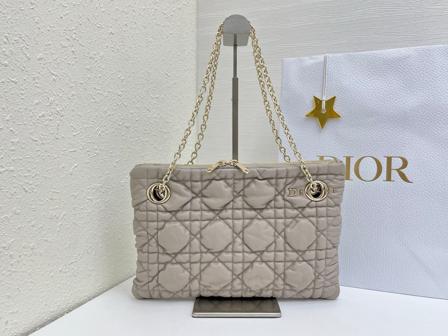 CD Small Cannage Quilted Tote Bag Light Taupe Cowhide 158104