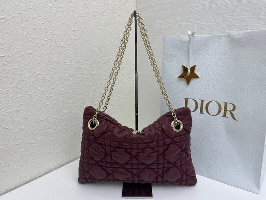 CD Small Cannage Quilted Tote Bag Burgundy Cowhide 158102