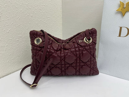 CD Small Cannage Quilted Tote Bag Burgundy Cowhide 158102