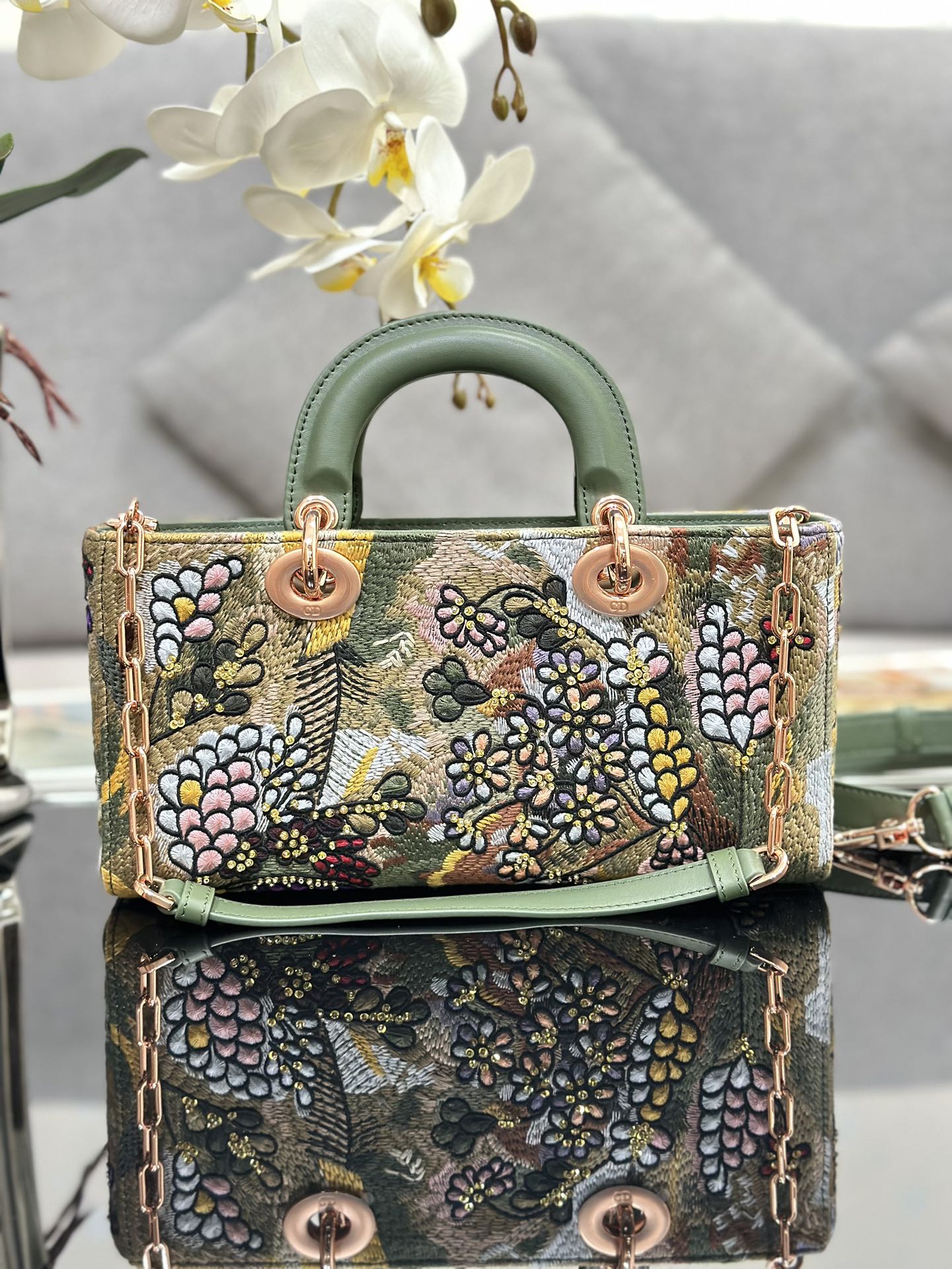 CD Lady D-Joy Sage 26cm Green Floral Embroidered Leather RGHW 158656
