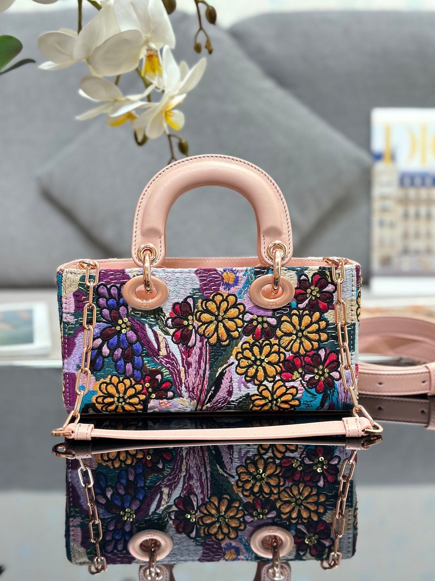CD Lady D-Joy Sage 26cm Pink Floral Embroidered Leather RGHW 158576