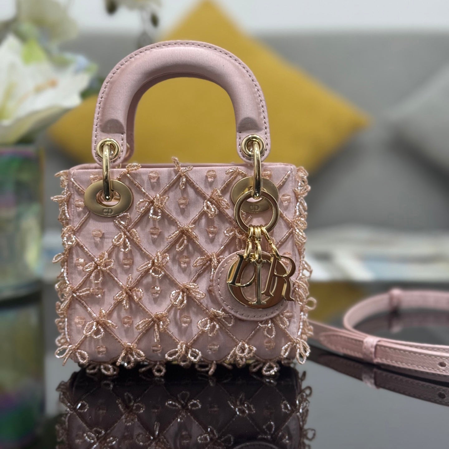 CD Mini Lady Dior 12cm Pink Beaded Embroidered Cowhide Leather GHW 158586