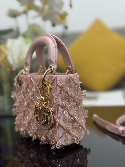 CD Mini Lady Dior 12cm Pink Beaded Embroidered Cowhide Leather GHW 158586