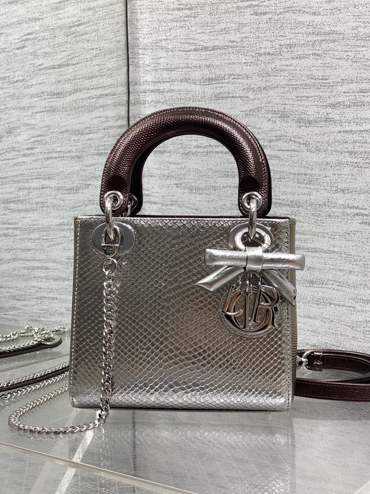 CD Mini Lady Dior Bag 17cm Metallic Bronze Snakeskin Leather SHW 160001