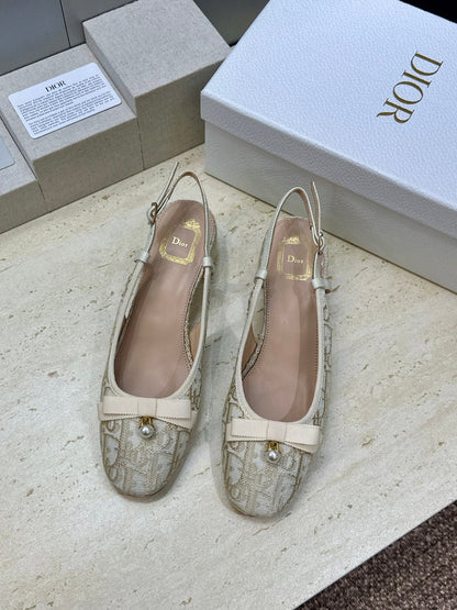 CD Oblique Bow Pearl Slingback Pumps 3.5CM Cream Embroidered Cotton 933310