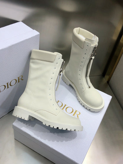 CD Combat Boots Mid-Calf Front Zipper Milk White Leather 965382