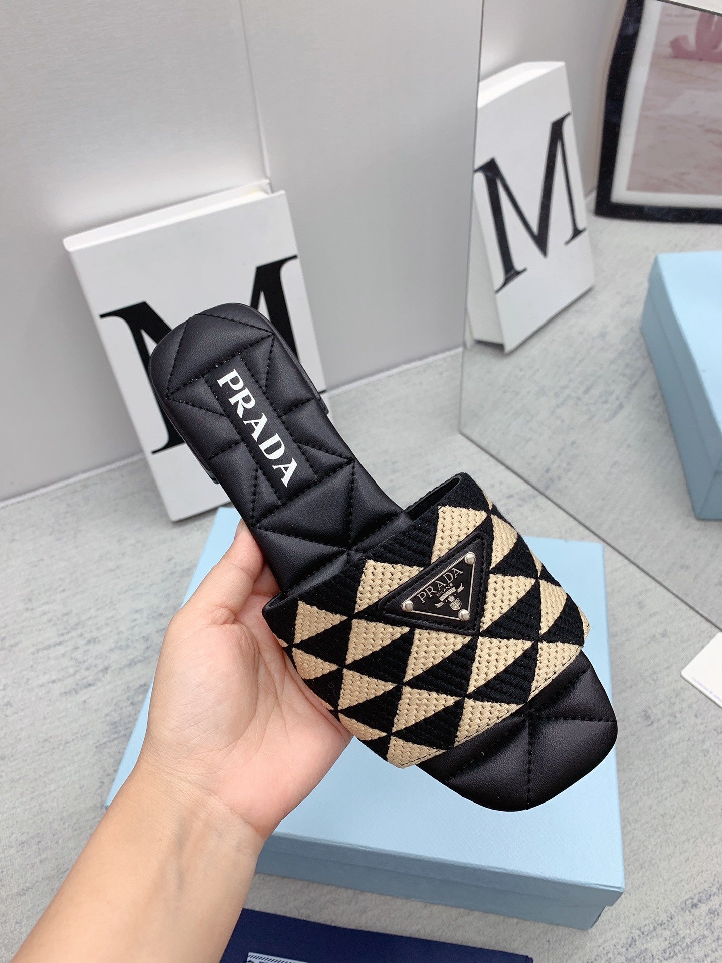 Prada 2026 Slippers Black Beige Sheepskin 731198