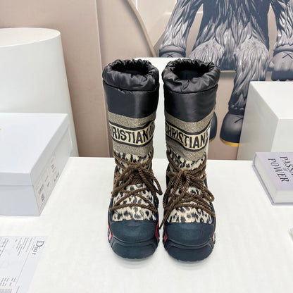 CD Platform Snow Boots Black Beige Cowhide Nylon Fabric 539655