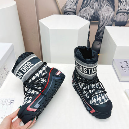 CD Snow Ankle Boots Black White Cowhide Nylon Fabric 539663