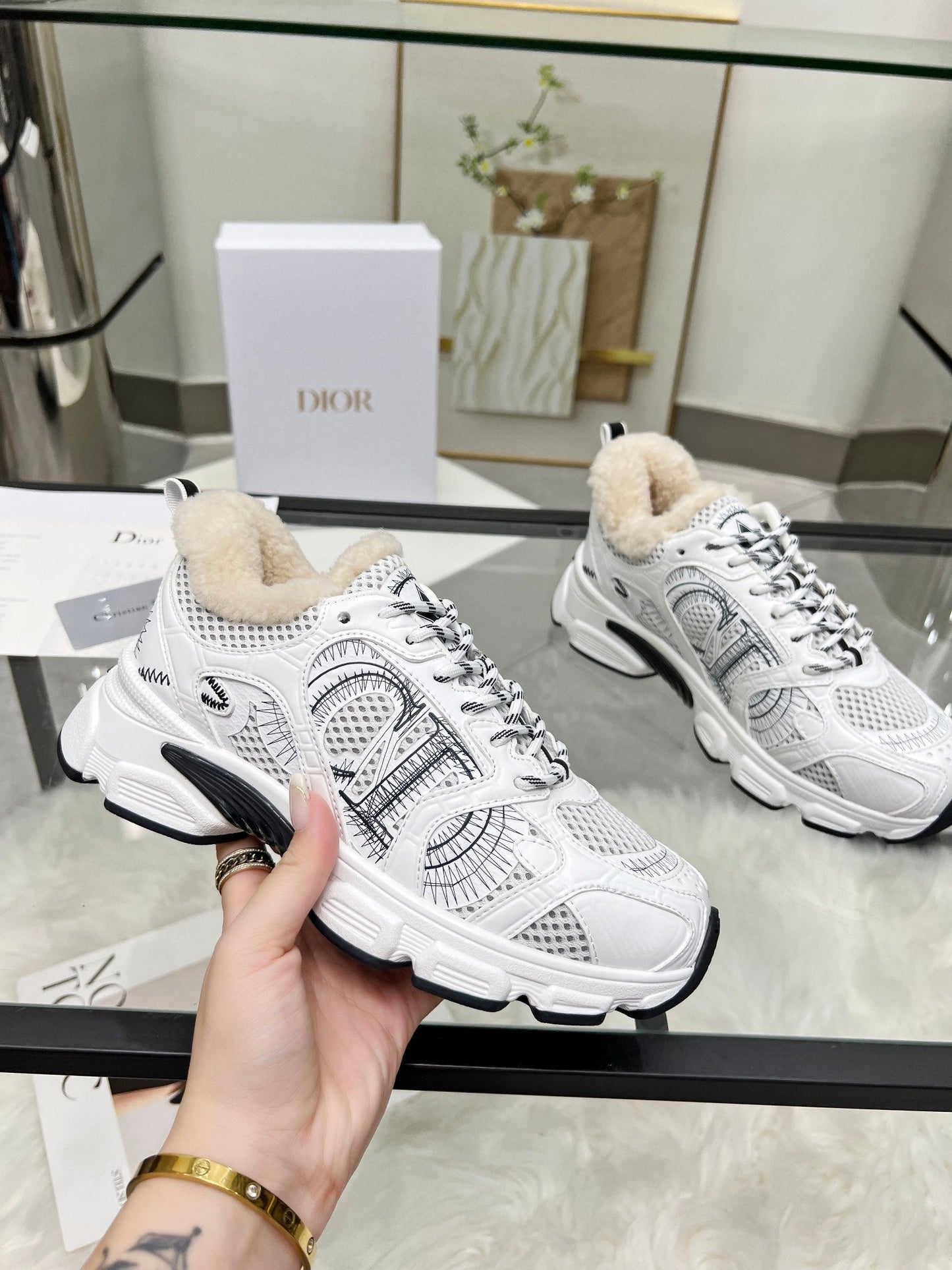 CD Chrono Sneaker White Black Wool Lining Mesh Fabric And Calfskin