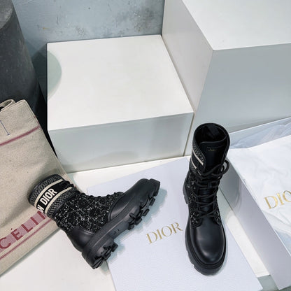 CD Major Ankle Boots Black White Calfskin And Fabric Canvas