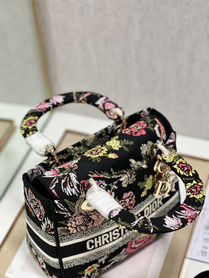 CD Glenflower Black 24 Lady Dior Bag Canvas 336727