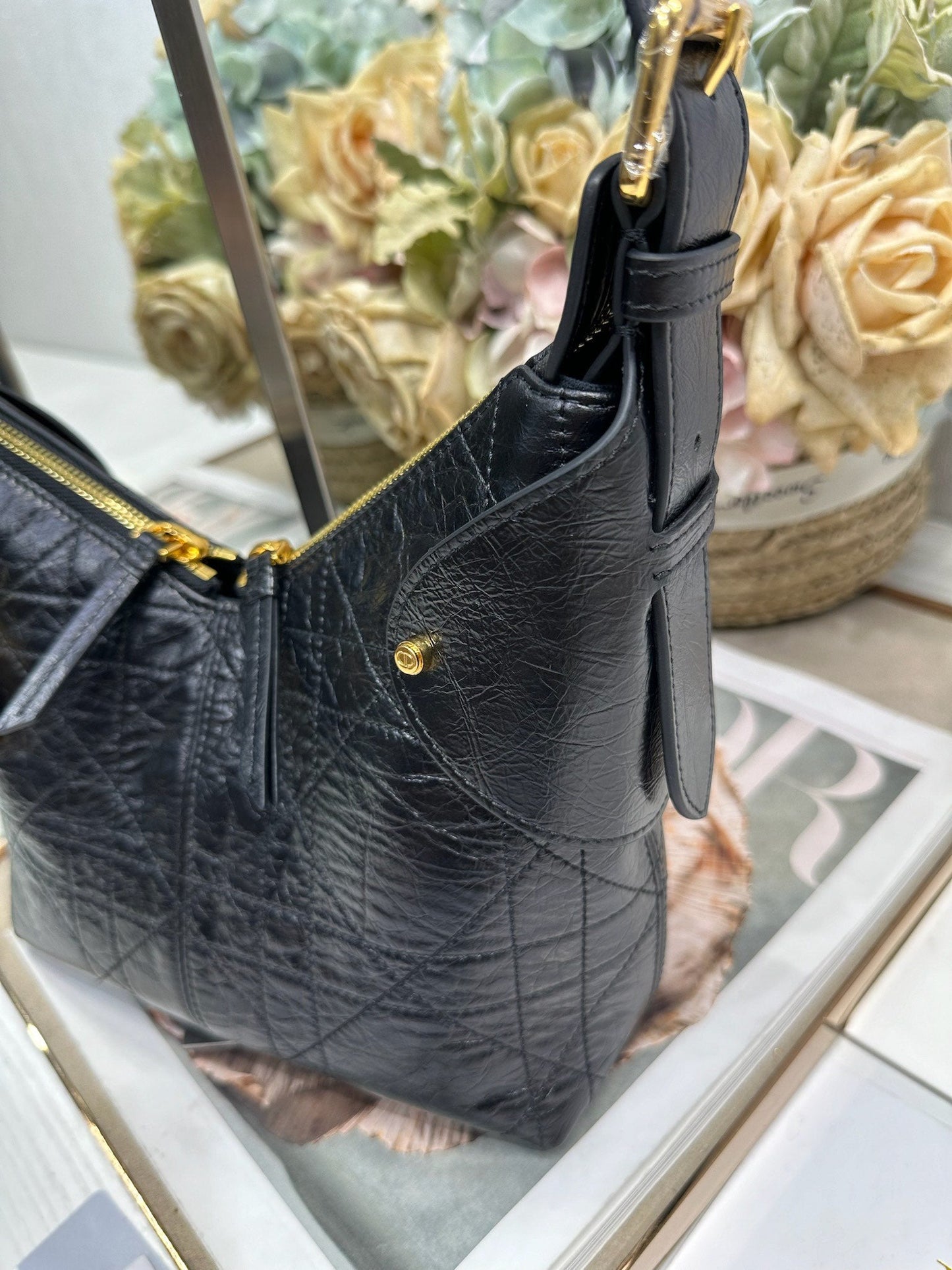 CD Small Dior Voyage Bag 22cm Black Glossy Macrocannage Calfskin 288624