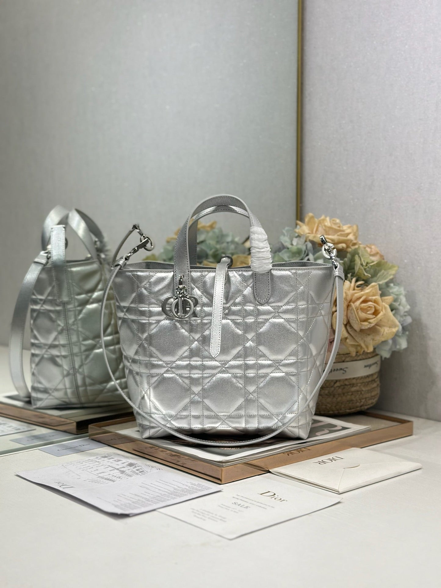 CD Toujours Tote Bag Metallic Sliver-Tone Calfskin 288535
