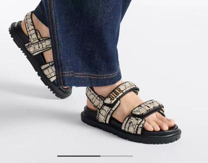 CD Dioract Sandal Beige & Black Cannage Tweed Leather